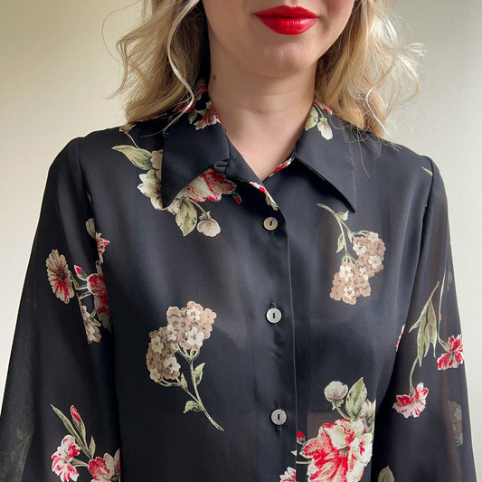 1990s Black Sheer Button Down With Red Florals (M/L)
