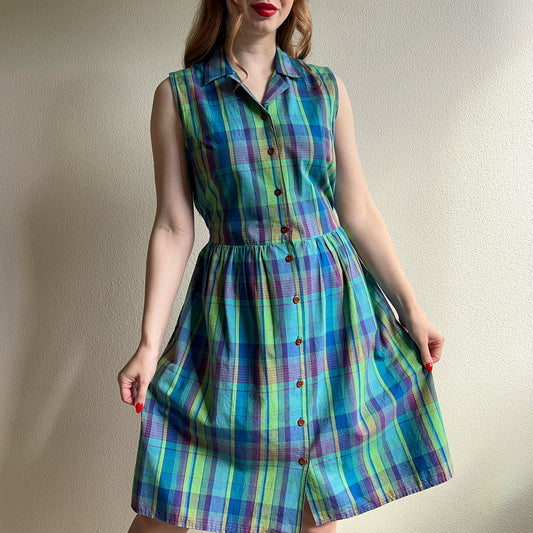 1990s Blue and Green Plaid Cotton Summer Dress (L/XL)