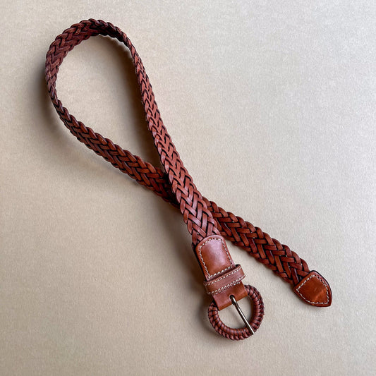 1990s Eddie Bauer Brown Leather Woven Belt (XS/S)