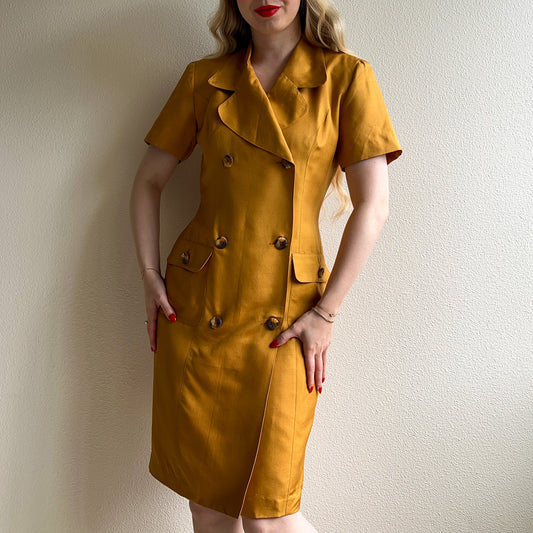 1990s Burnt Orange Silk Double-Breasted Dress (M)