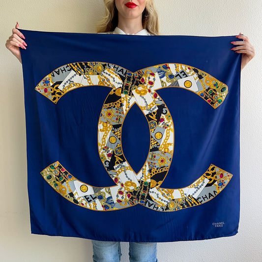 Fabulous 1990s Detailed Double C's Chanel Silk Scarf With Navy Background