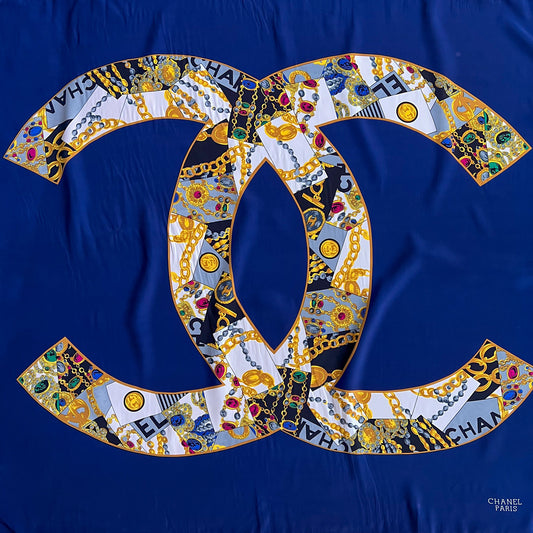 Fabulous 1990s Detailed Double C's Chanel Silk Scarf With Navy Background