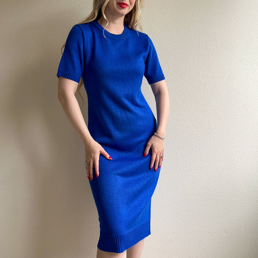 1990s Cobalt Blue Knit Short Sleeve Sweater Dress (M)