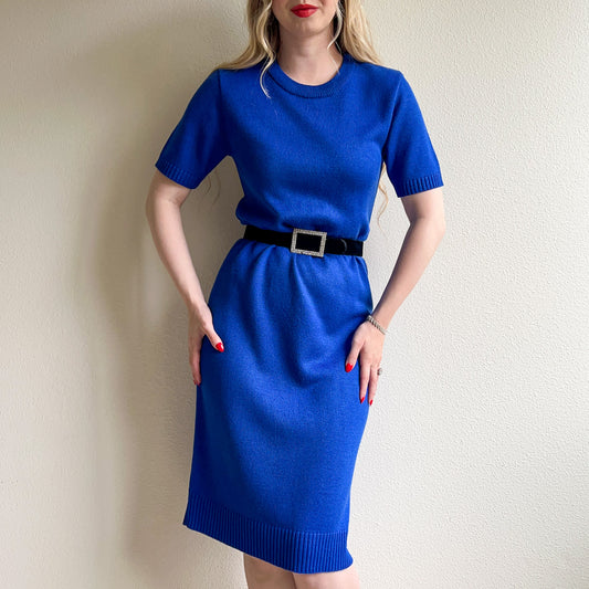 1990s Cobalt Blue Knit Short Sleeve Sweater Dress (M)