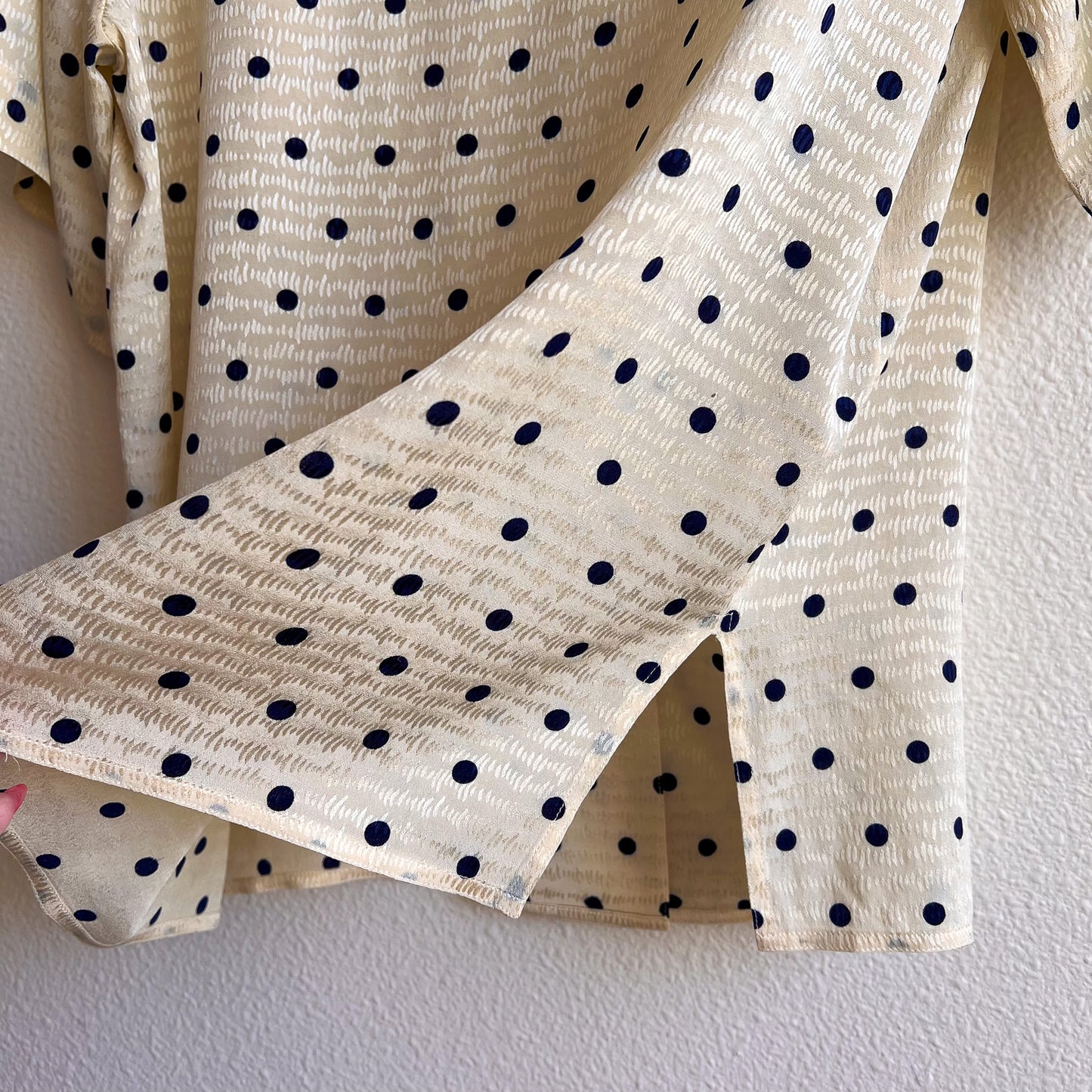 1990s Ivory Silk Blouse With Navy Polka Dots (M/L)