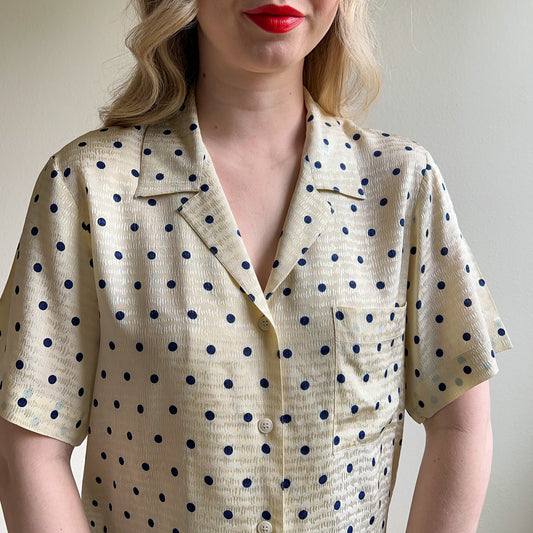 1990s Ivory Silk Blouse With Navy Polka Dots (M/L)