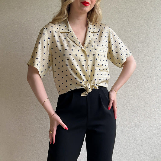 1990s Ivory Silk Blouse With Navy Polka Dots (M/L)