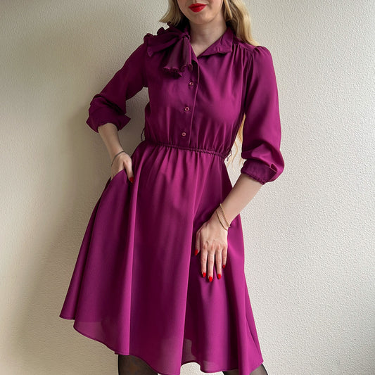 1990s Mulberry Dress With Pleated Bow Collar (XS/S)