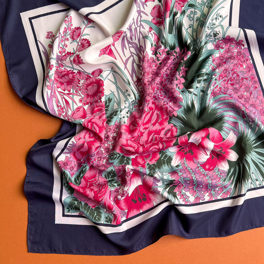 1990s Pink Floral Print Scarf With Navy Border