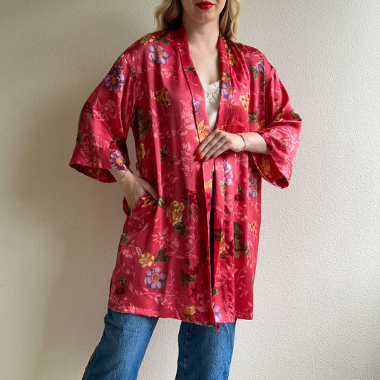 1990s Raspberry Pink Silk Robe With Floral Print (M/L)