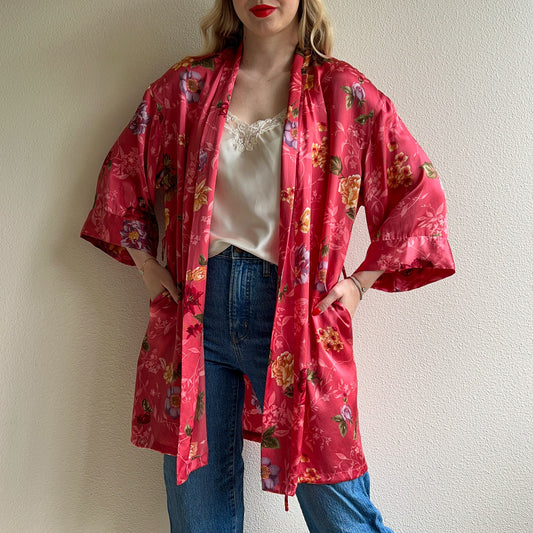 1990s Raspberry Pink Silk Robe With Floral Print (M/L)