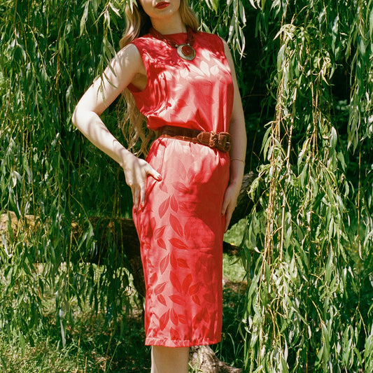 1990s Falling Leaves Red Silk Midi Dress (S/M)