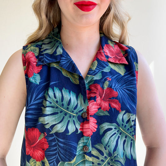 1990s Red Hibiscus Print Cotton Top (L/XL)