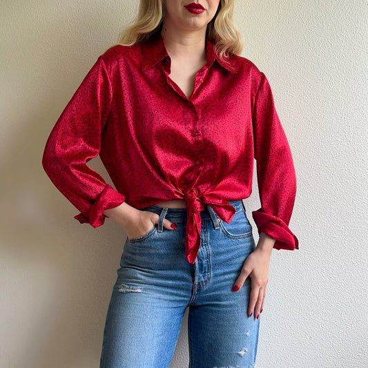 1990s Red Satin Blouse With Tiny Rosebud Print (L/XL)
