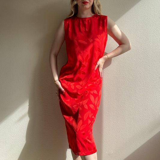 1990s Falling Leaves Red Silk Midi Dress (S/M)