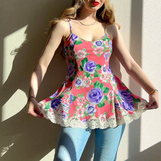 1990s Victoria's Secret Purple Roses Pink Cami (S/M)