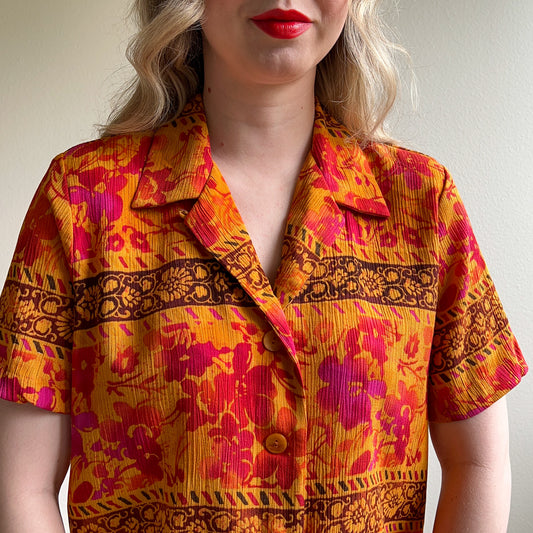 Vibrant 1990s Tropical Print Short Sleeve Button Down (M/L)