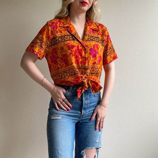 Vibrant 1990s Tropical Print Short Sleeve Button Down (M/L)
