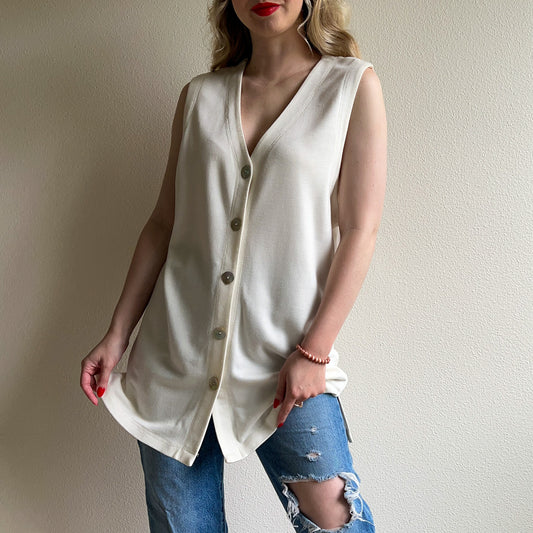 1990s White Sleeveless Cardigan With Abalone Buttons (L/XL)