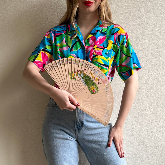 1990s Laser Cut Wood Fan With Printed Peacock