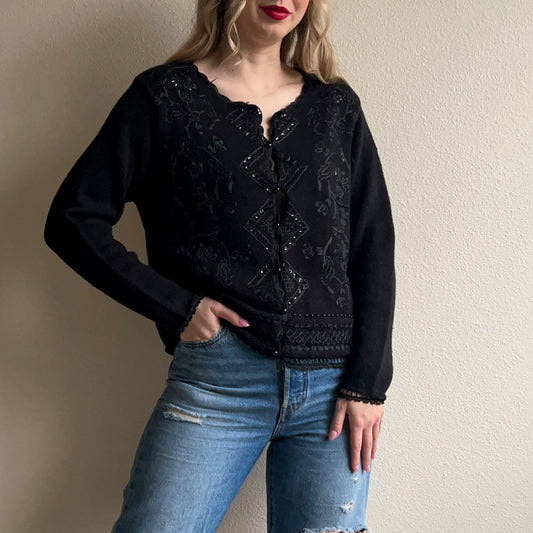 Deadstock 1990s Black Cardigan With Embroidery (M/L)