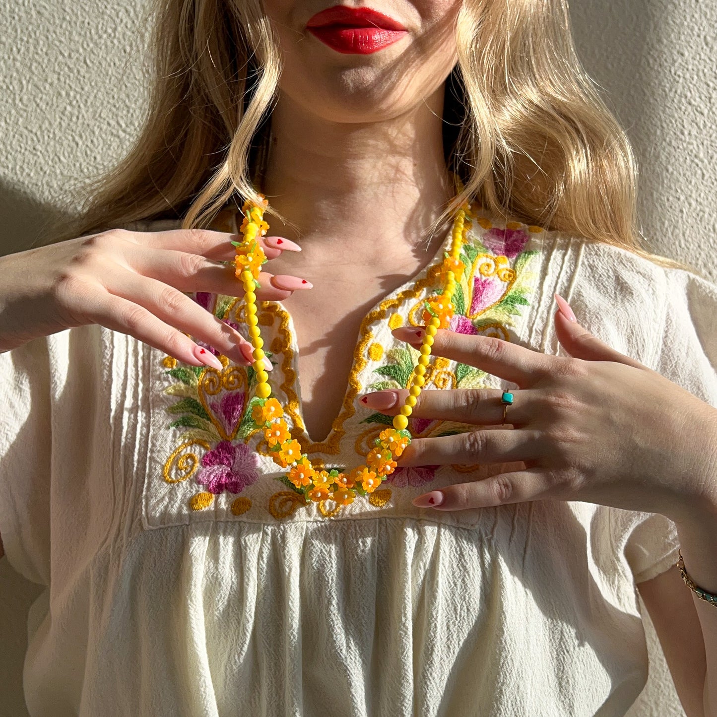 1960s Yellow Beaded Necklace With Orange Flowers
