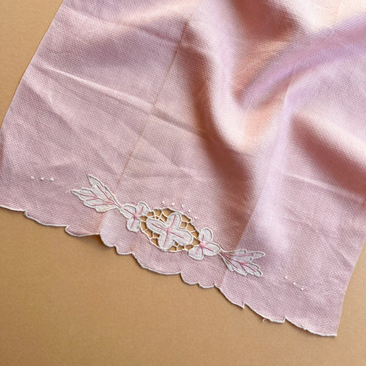 1940s Pale Pink Tea Towel With White Flower