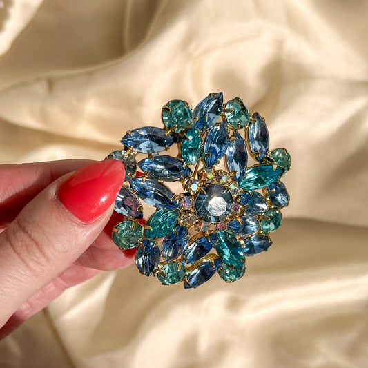 1950s Shades of Blue Rhinestone Brooch