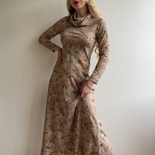 1970s Cowl Neck Paisley Pattern Maxi Dress (S/M)
