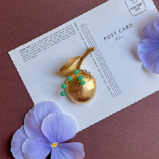 1960s Gold Apple Brooch With Jade Accents