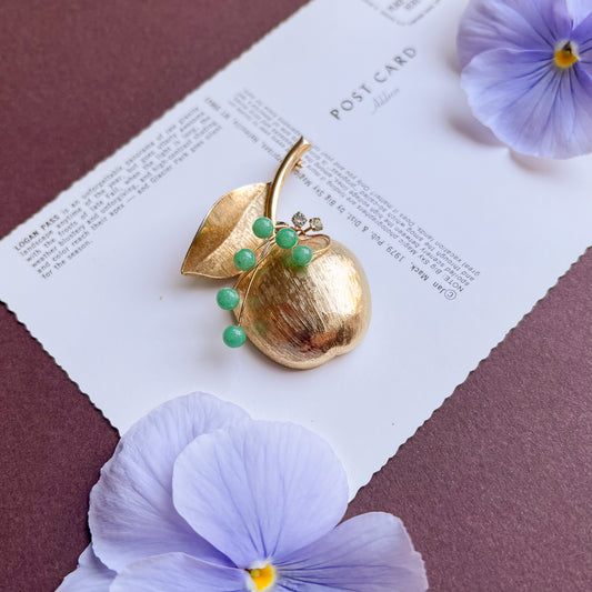1960s Gold Apple Brooch With Jade Accents
