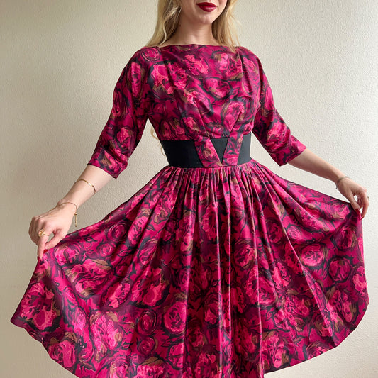 1950s Magenta Roses Silk Party Dress (XS)