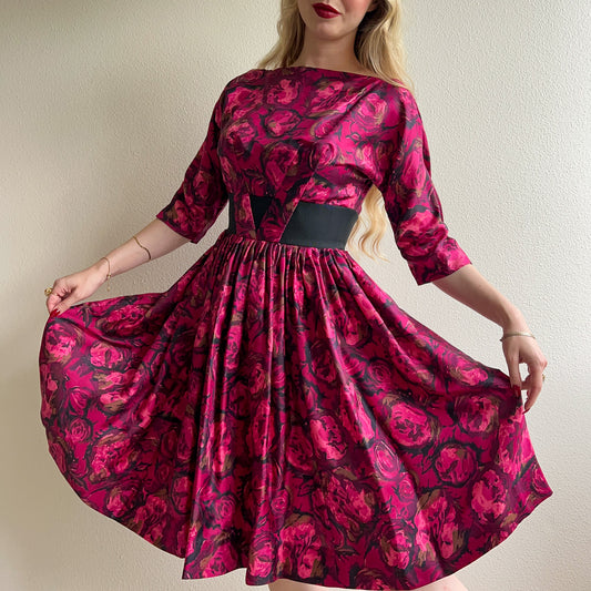 1950s Magenta Roses Silk Party Dress (XS)