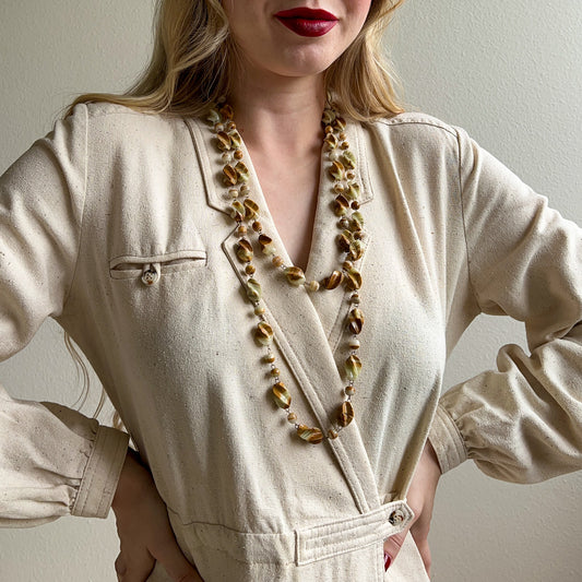 1970s Banded Green Onyx Beaded Long Necklace