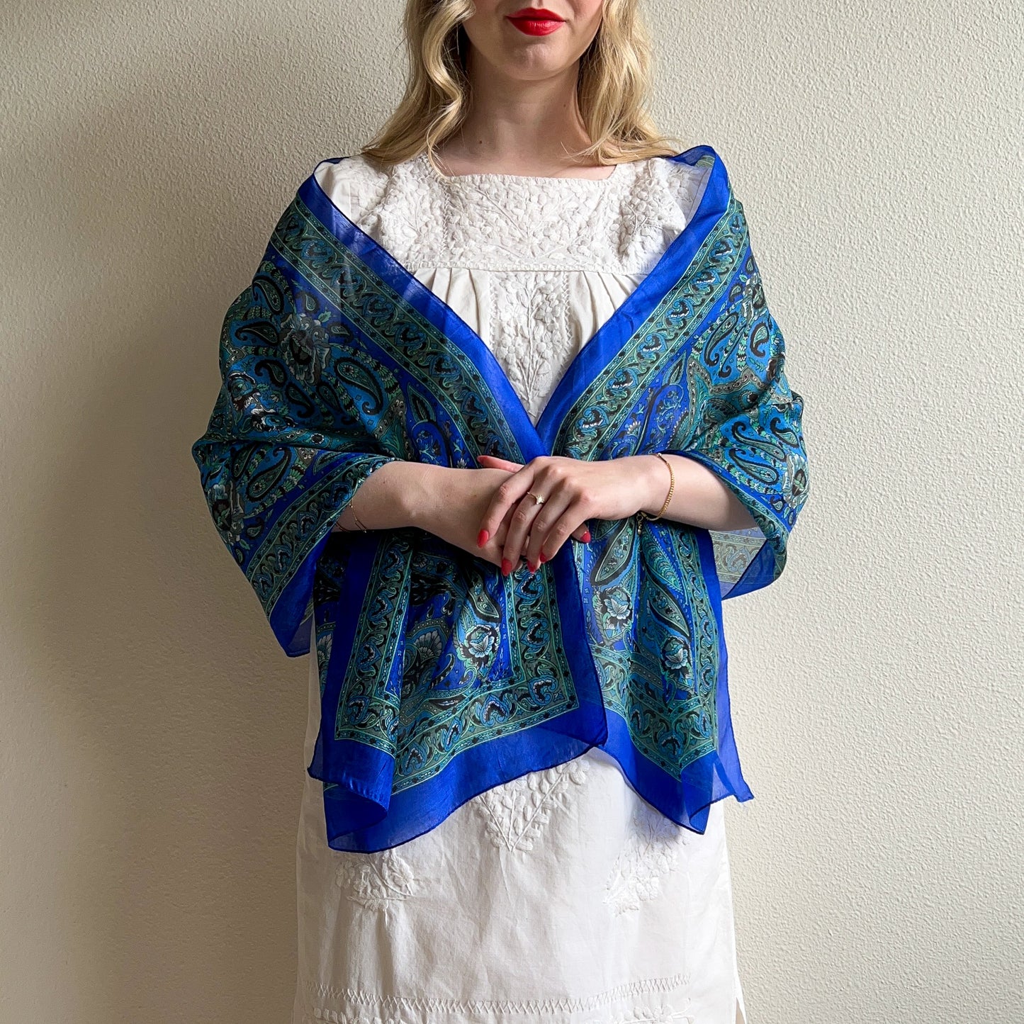 1970s Shades of Blue Paisley Print Silk Scarf