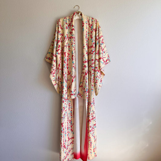 1960s Pale Yellow Silk Kimono With Coloful Floral Print (OSFM)