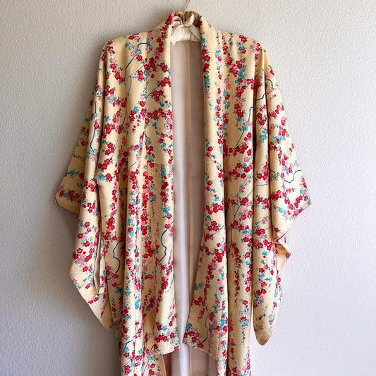 1960s Pale Yellow Silk Kimono With Coloful Floral Print (OSFM)