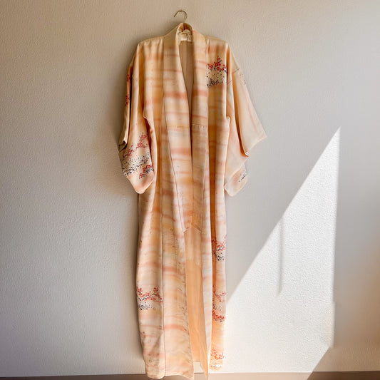 1960s Orange Sorbet Silk Kimono With Tree and Flower Print (OSFM)