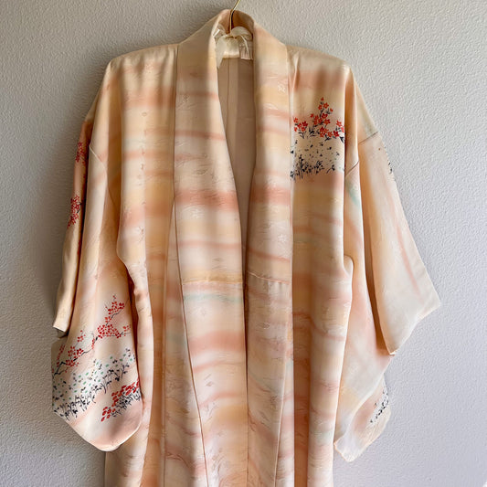 1960s Orange Sorbet Silk Kimono With Tree and Flower Print (OSFM)