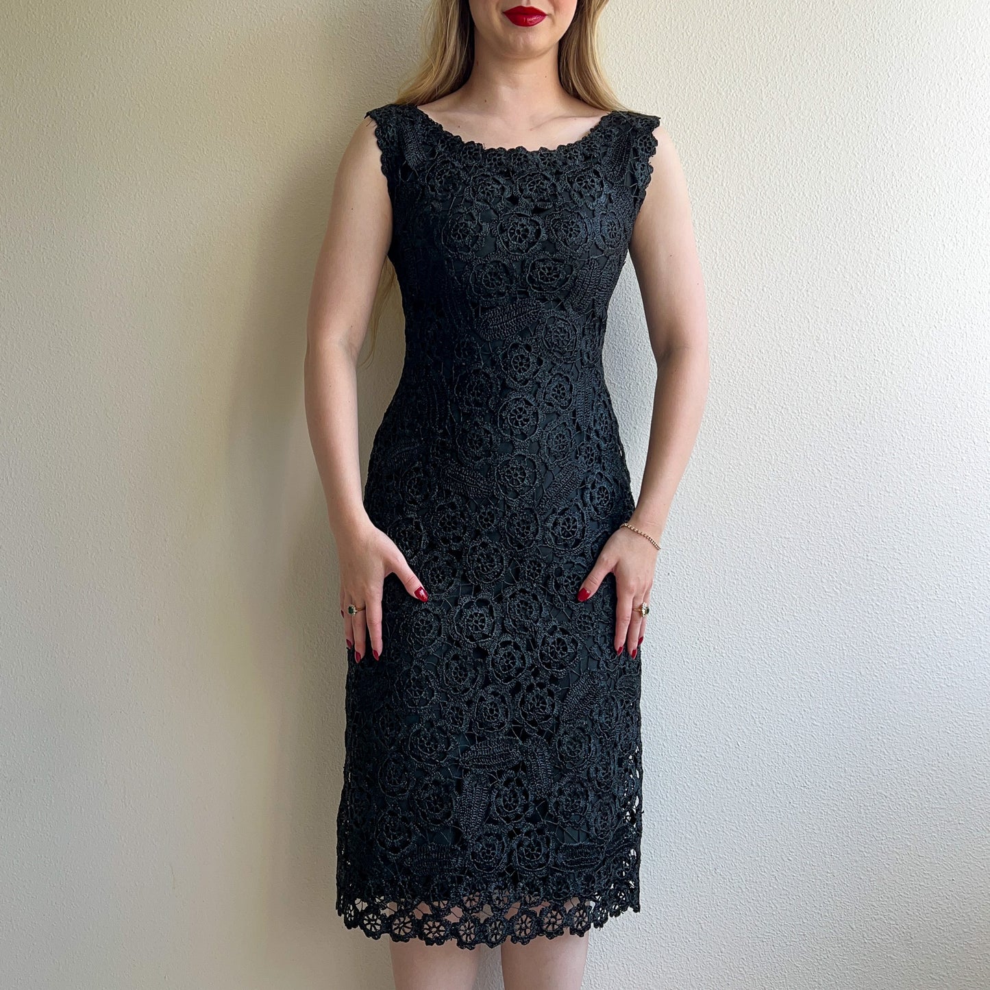 1960s Black Crochet Dress and Buttoned Coat Set (S)