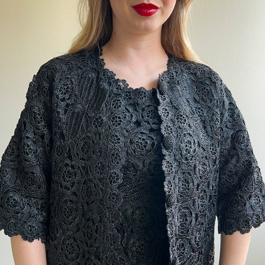 1960s Black Crochet Dress and Buttoned Coat Set (S)