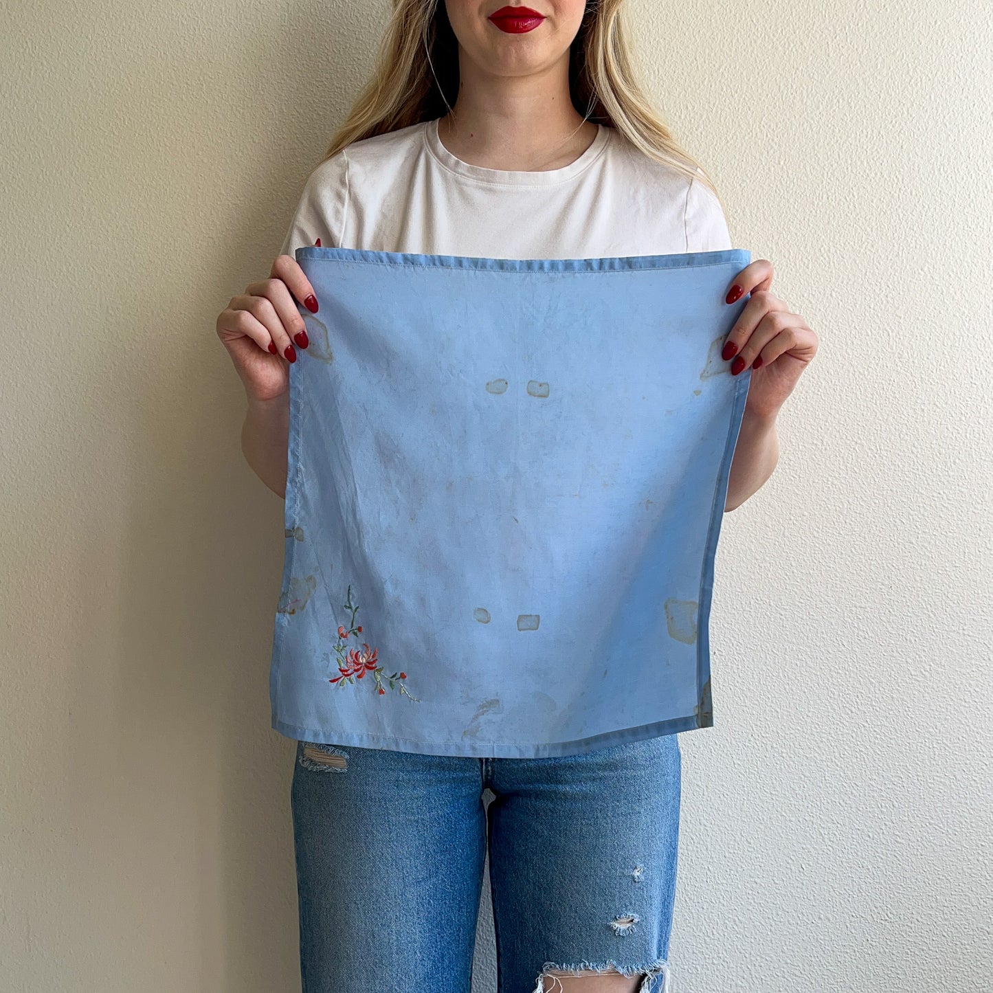 1940s Pale Blue Handkerchief With Pink Flower