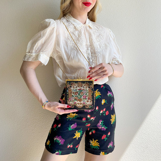 1950s Black Floral Needlepoint Handbag With Gold Chain