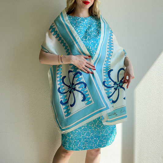 1960s Emmit Cash for Leslie Caron Blue and White Scarf