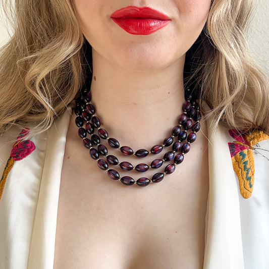 1960s Triple-Strand Deep Purple Beaded Choker