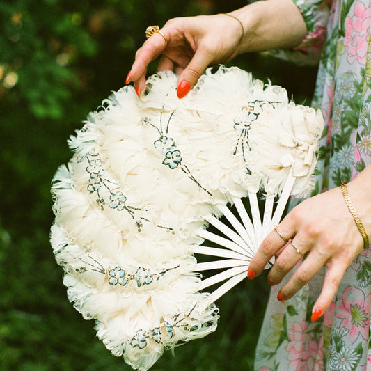 1960s White Feathered Fan Wtih Glitter and Sequins