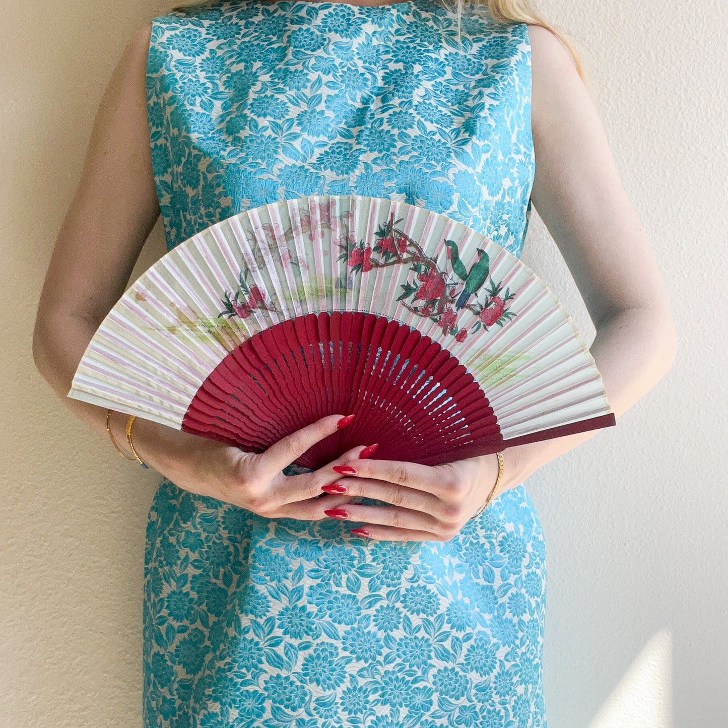 Vintage Birds and Flowers Cherry Wood Fan