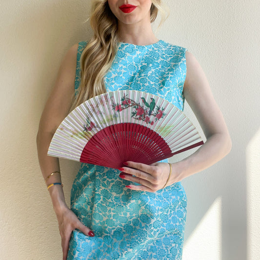 Vintage Birds and Flowers Cherry Wood Fan