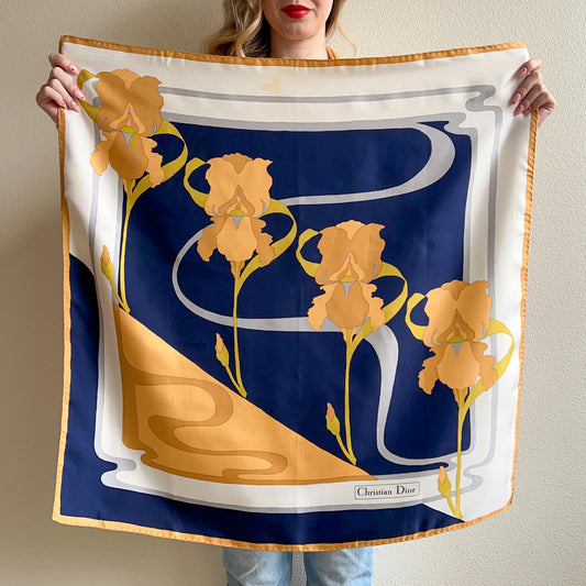 Vintage Christian Dior Silk Scarf With Orange Iris Print
