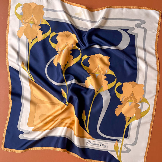 Vintage Christian Dior Silk Scarf With Orange Iris Print